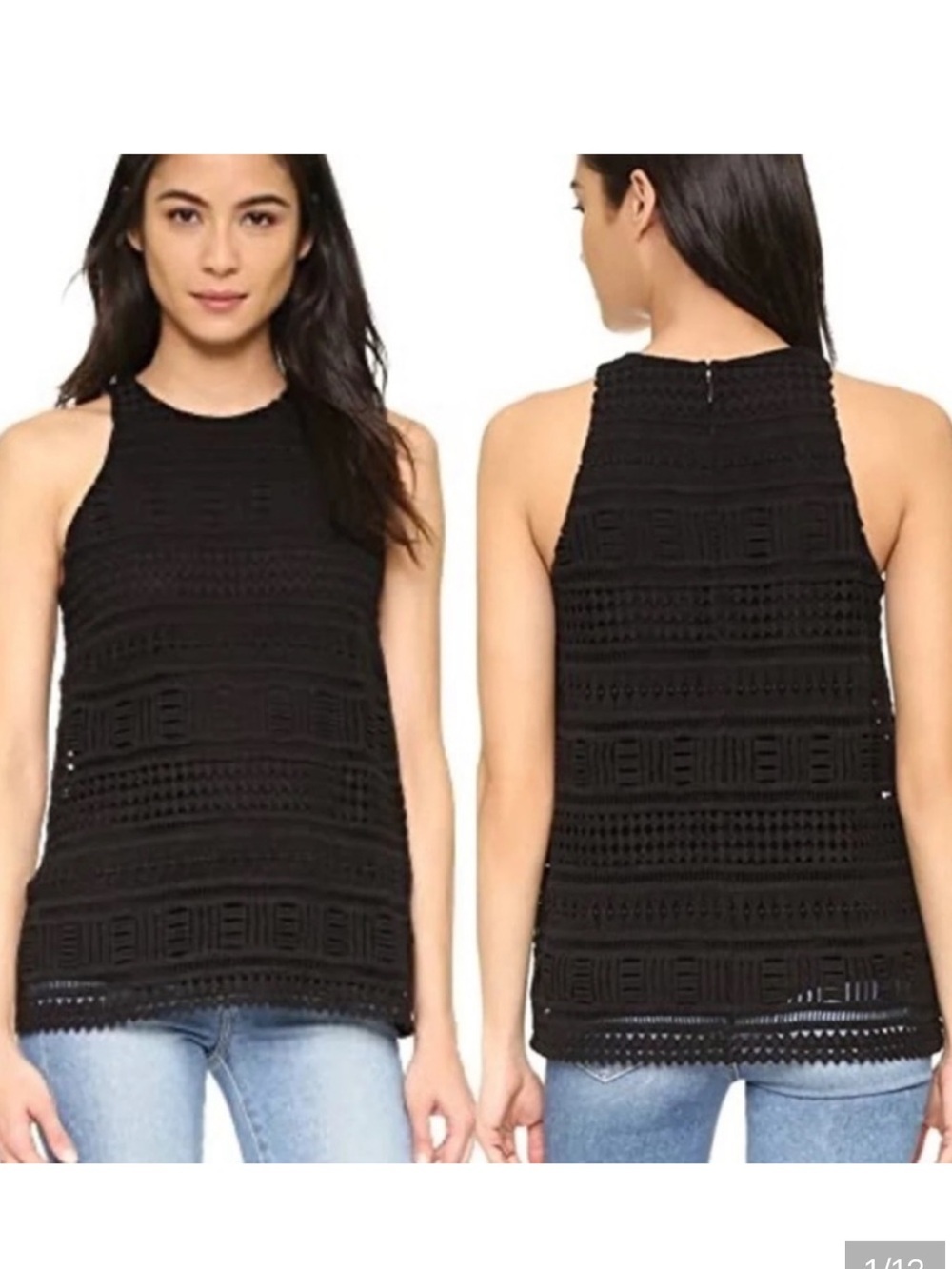 Vince Geo Crochet Lace High Neck Sleeveless Black Tank Top Size 6